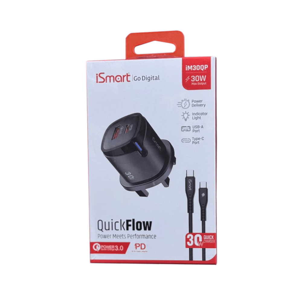 iSmart Go Digital 30W Quick Charger 1 USB-A and 1 USB-C Ports with Type C to C Cable - iM30QP - Image 2