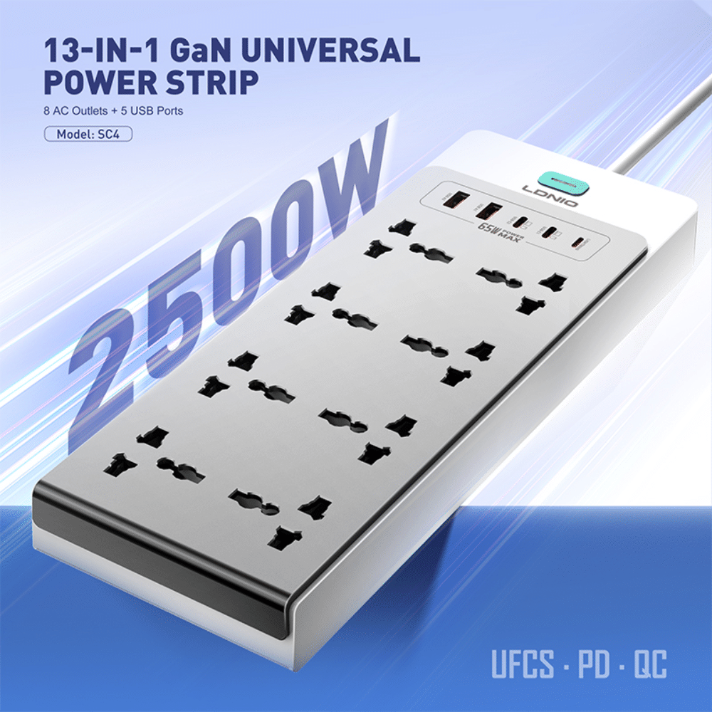 LDNIO SC4 GaN Power Strip 65W PD 13 in 1 Charging Station Safety Protection 8 AC Desktop Power Strip Universal Extension Socket - Image 2